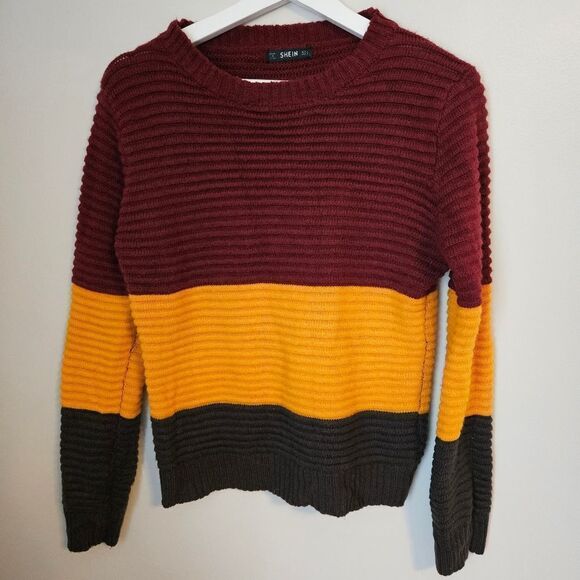 SHEIN Sweater Colorblock Stripe Red Yellow Green Knit Business Casual Fall Cute - Picture 6 of 6